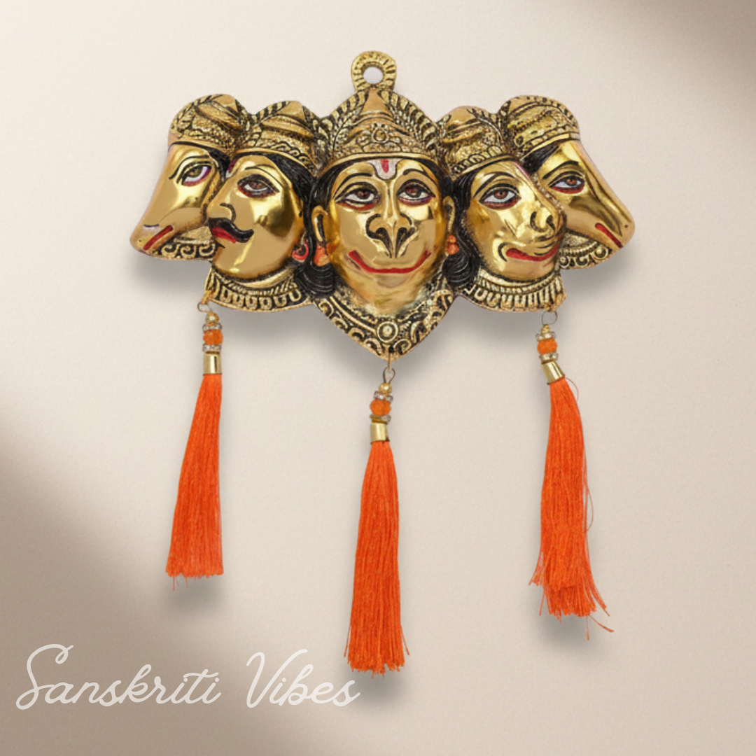 Metal Panchmukhi Hanuman Ji Murti for Door Entrance Statue Wall Hanging Showpiece with Silk Latakan in Gold Finish - Sanskriti Vibes
