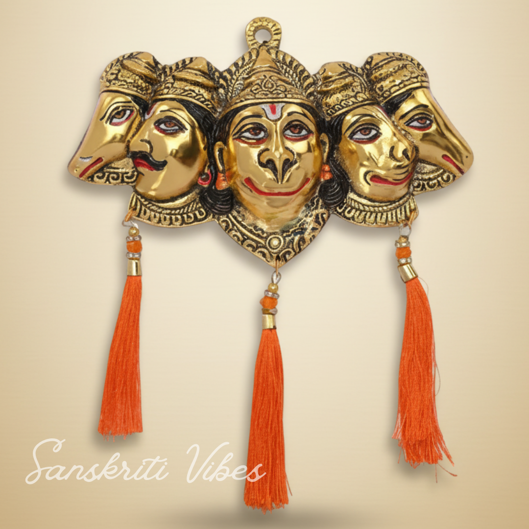 Metal Panchmukhi Hanuman Ji Murti for Door Entrance Statue Wall Hanging Showpiece with Silk Latakan in Gold Finish - Sanskriti Vibes