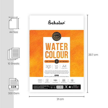 Scholar 100% Cotton Watercolour Hot Pressed Paper Loose Sheets 300 GSM – Smooth Surface - Retail Maharaj