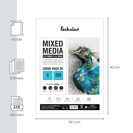 Scholar Mixed Media Paper Loose Sheets 250gsm for Wet and Dry Art - Retail Maharaj