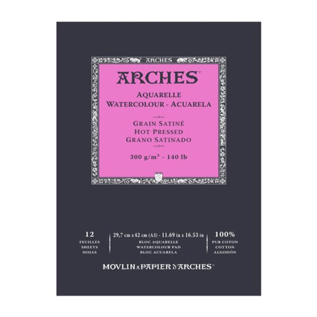 Arches Aquarelle Watercolour Hot Pressed Paper Pad Open Stock 12 Sheets - Retail Maharaj