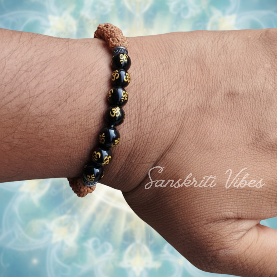 Rudraksha Natural Pyrite Stone Om Bracelet Adjustable Energy Protection Healing Wrist Band for Men and Women - Retail Maharaj