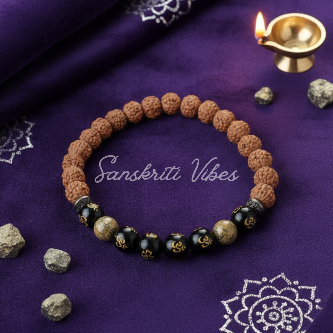 Rudraksha Natural Pyrite Stone Om Bracelet Adjustable Energy Protection Healing Wrist Band for Men and Women - Retail Maharaj