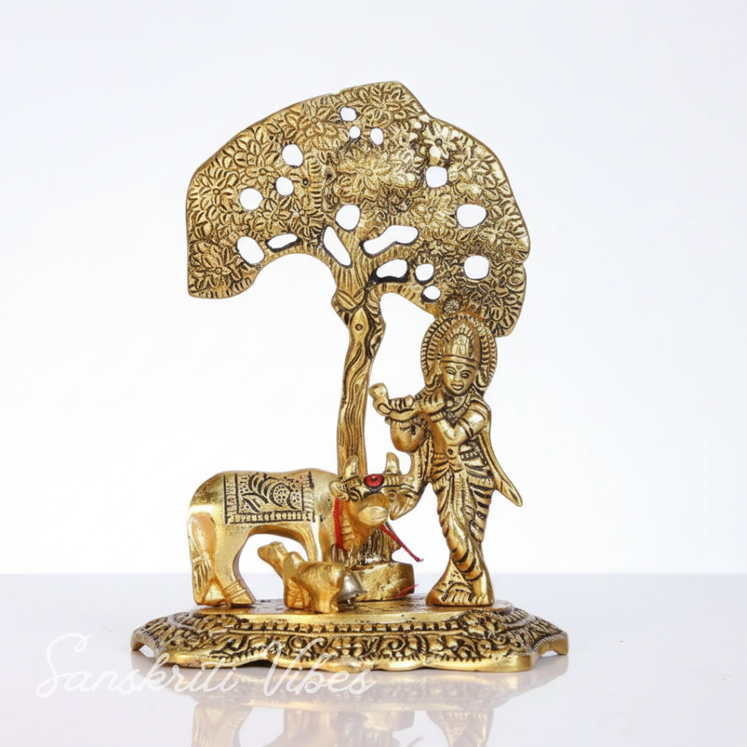 Kamdhenu Cow with Krishna Standing Under Tree Playing Flute – Metal Decorative Statue by Sanskriti Vibes | Glossy Finish for Home Temple & Pooja
