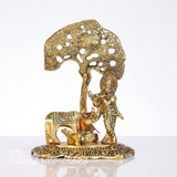 Kamdhenu Cow with Krishna Standing Under Tree Playing Flute – Metal Decorative Statue by Sanskriti Vibes | Glossy Finish for Home Temple & Pooja