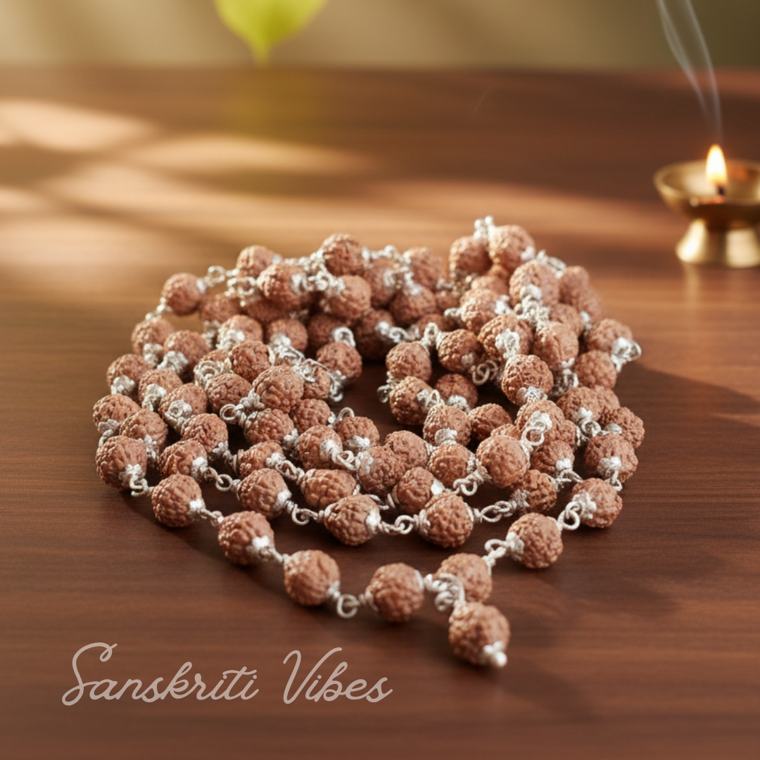 Rudraksha 108 Beads Mala with Silver Caps Premium Japa Mala for Meditation and Spiritual Healing