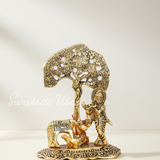 Kamdhenu Cow with Krishna Standing Under Tree Playing Flute – Metal Decorative Statue by Sanskriti Vibes | Glossy Finish for Home Temple & Pooja