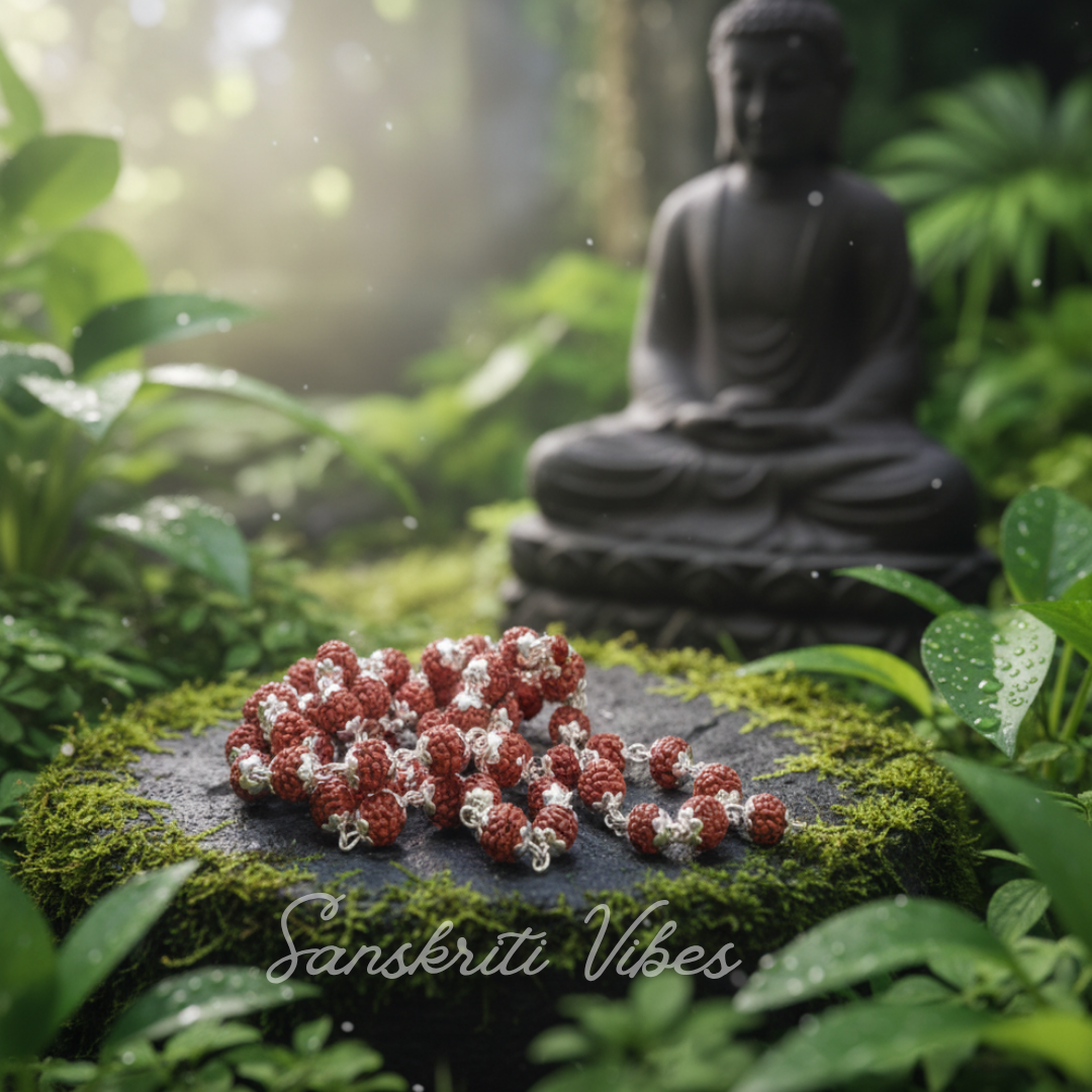 108 plus 1 Rudraksha Guru Beads Mala with Silver Flower Caps for Meditation and Spiritual Healing