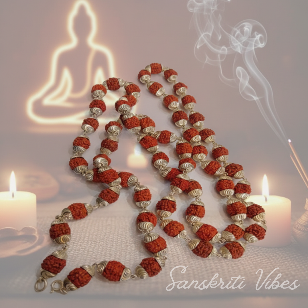 108 plus 1 Rudraksha Guru Beads Mala with Silver Flower Caps for Meditation and Spiritual Healing