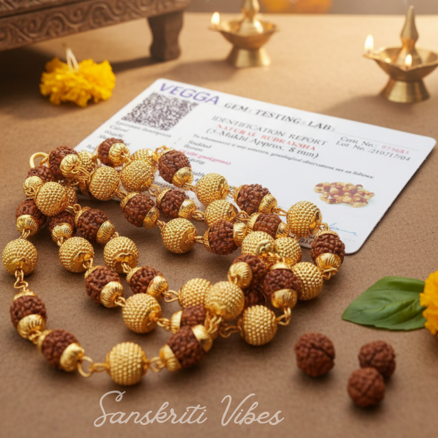 Golden 5 Mukhi Rudraksha Mala for Men and Women Lab Certified Spiritual Beads Necklace for Puja Meditation and Daily Wear - Retail Maharaj