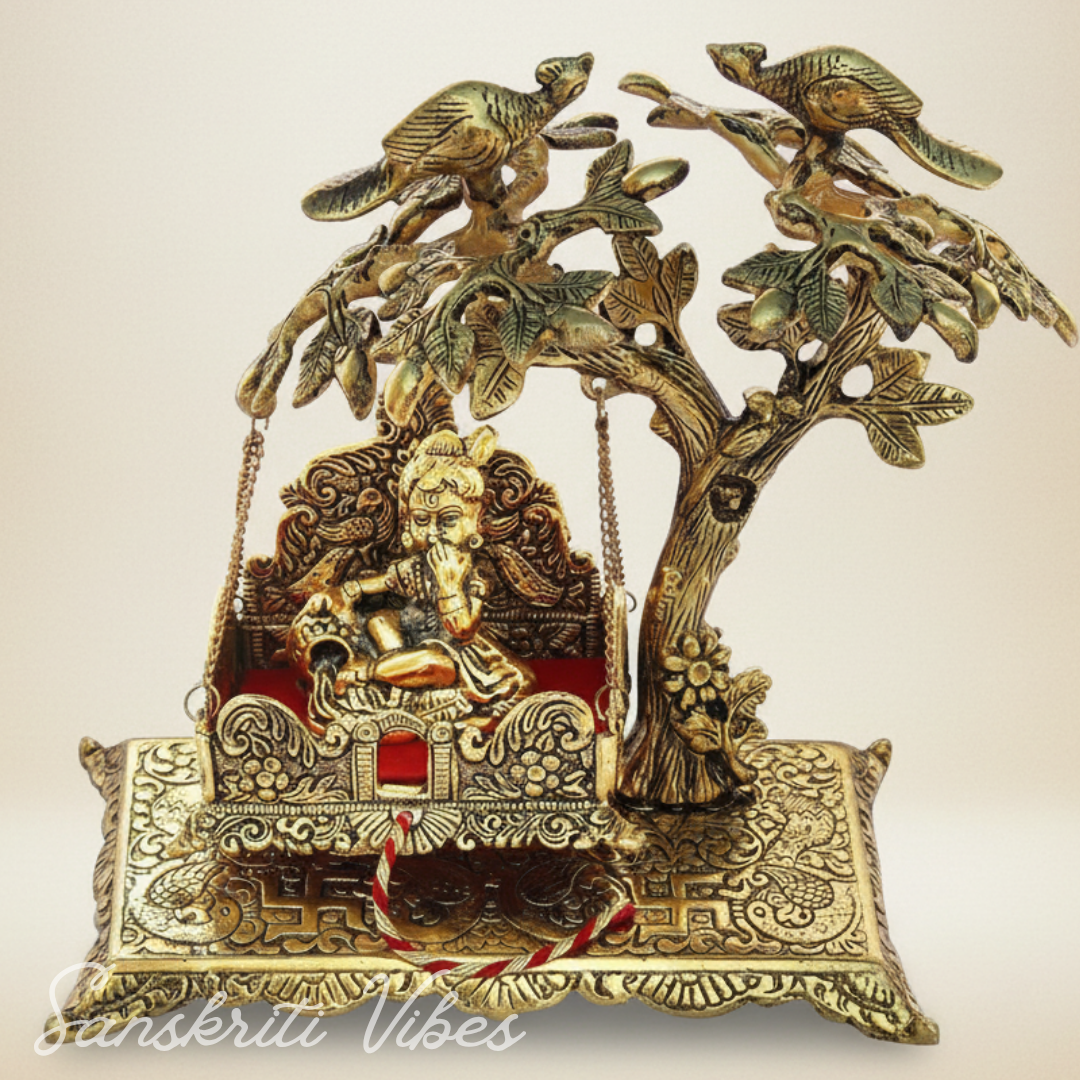 Gold Aluminium Krishna on Jhoola Hanging Under Tree | Metal Decorative Showpiece for Home, Puja Room & Gifting – 23 cm
