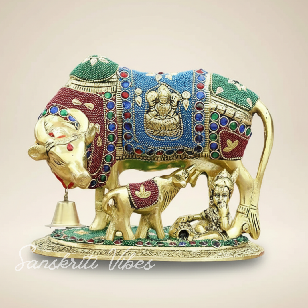 Kamdhenu Cow & Calf with Bal Gopal Krishna | Gemstone-Embellished Metal Statue for Good Luck, Vastu & Home Décor