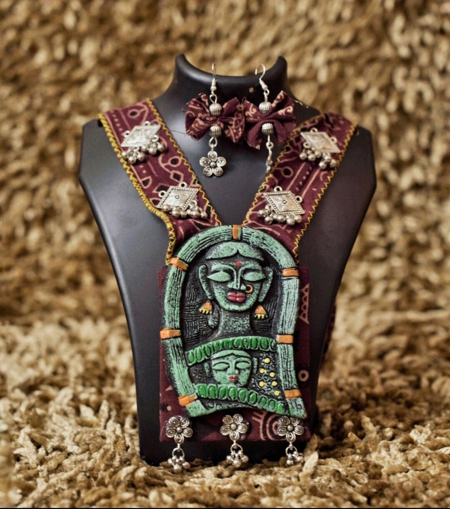 Tribal Muse Statement Necklace Set – Handcrafted Folk Art Pendant with Terracotta, Fabric, and Beads