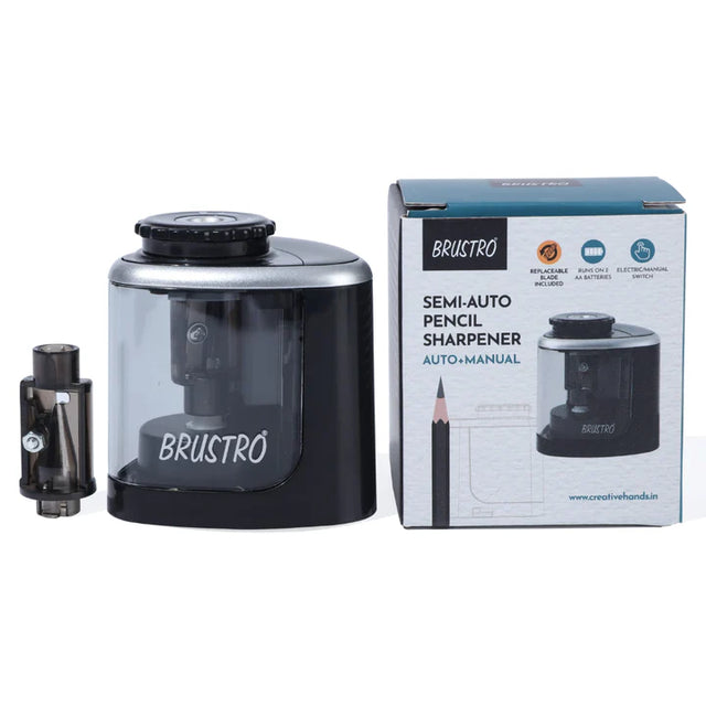 Brustro Semi Auto Pencil Sharpener (Battery Operated + Manual) – Auto Feed for Home, Office, and School - Retail Maharaj