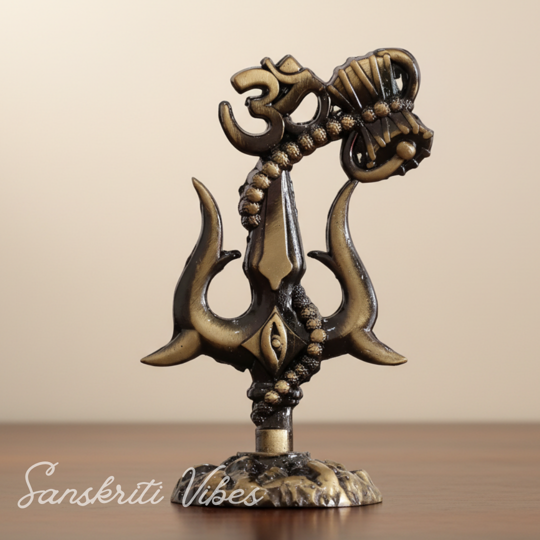 Metal Shiv Shakti Trishul with Damru Om Rudraksha Symbol Statue for Home Decor Puja Mandir Temple Vastu Spiritual Showpiece 9.5 cm