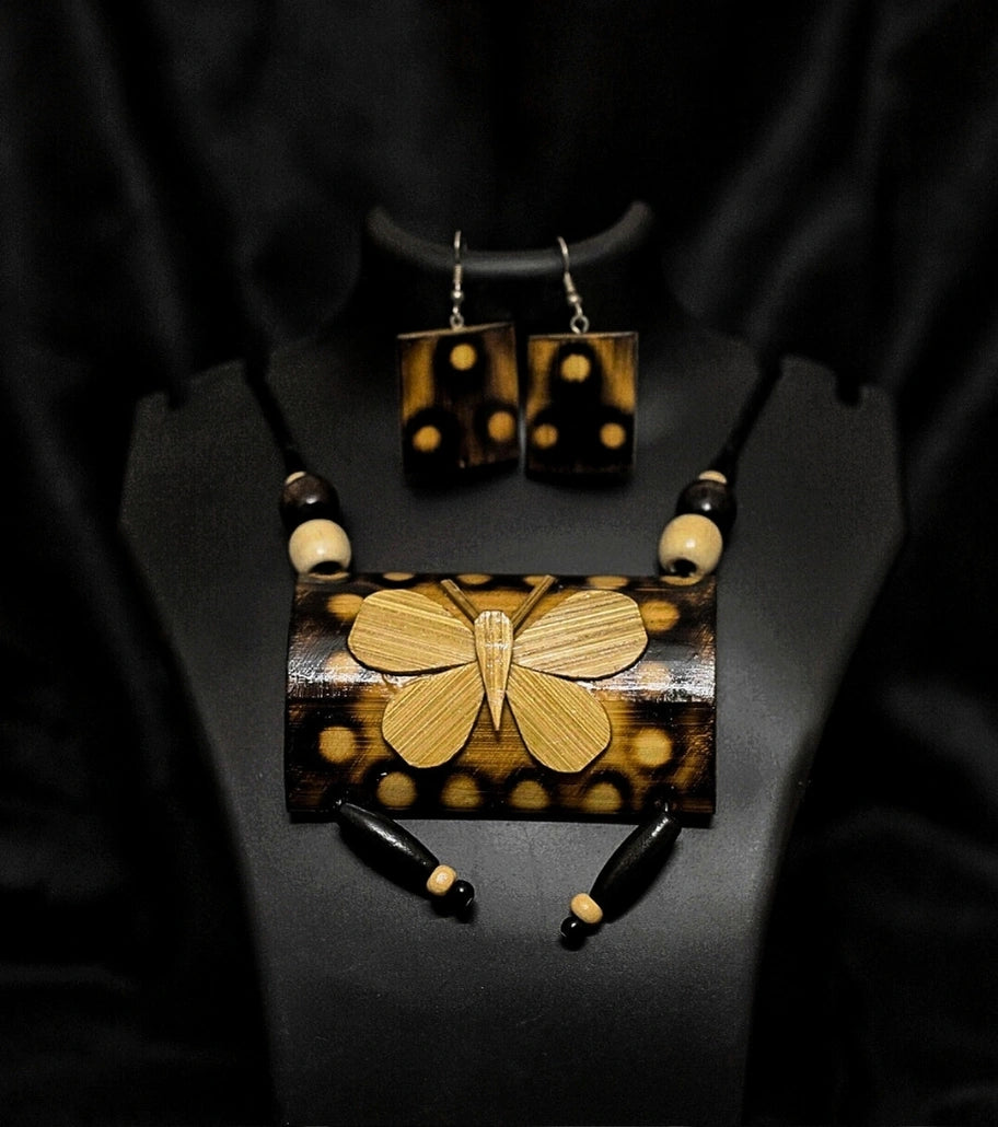 Rustic Wings Bamboo Necklace Set | Handcrafted Butterfly Pendant & Geometric Earrings