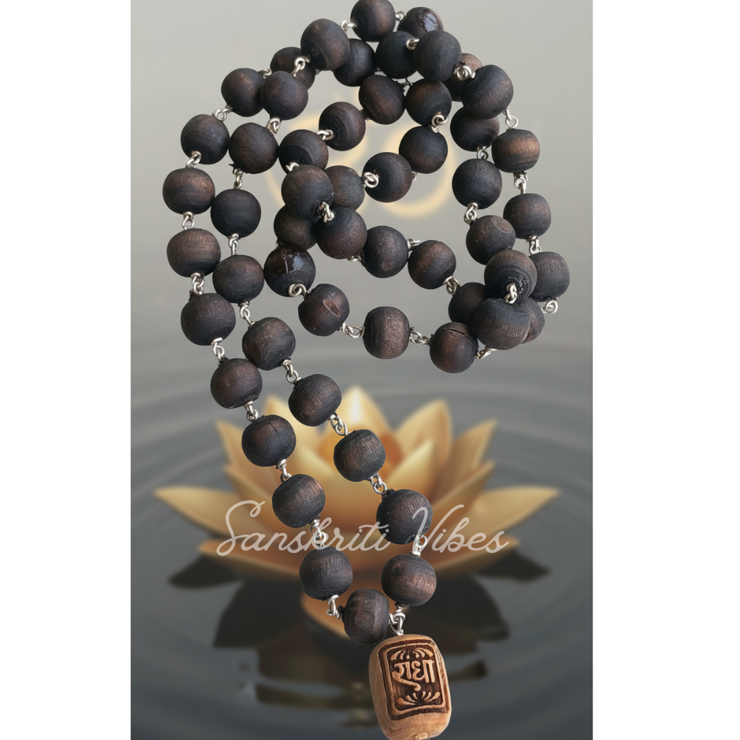 Shyama / Black Beads Silver Mala for Chanting and Wearing – Sacred Black Tulsi Beads with Silver Design