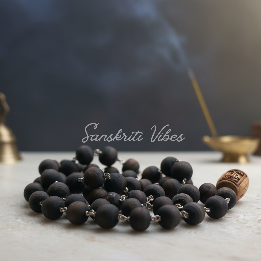 Shyama / Black Beads Silver Mala for Chanting and Wearing – Sacred Black Tulsi Beads with Silver Design
