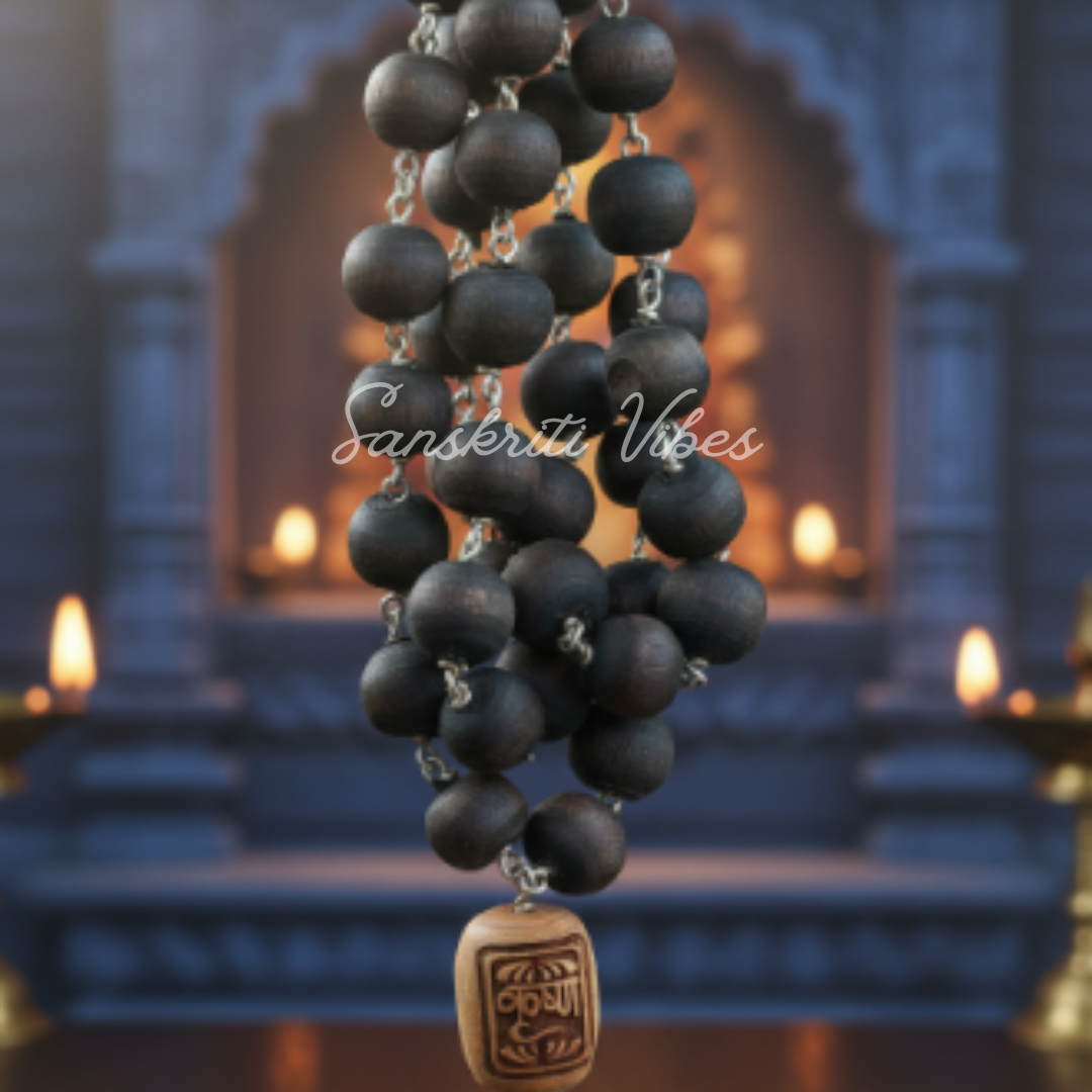 Shyama / Black Beads Silver Mala for Chanting and Wearing – Sacred Black Tulsi Beads with Silver Design