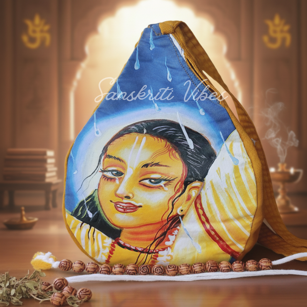 Shri Chaitanya Mahaprabhu Hand Printed Japa Bag | Cotton Chanting Bag with Japa Mala & Sakshi Mala | Shri Krishna Devotional Accessory