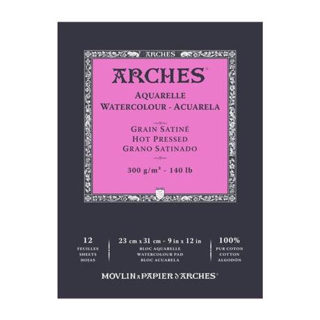 Arches Aquarelle Watercolour Hot Pressed Paper Pad Open Stock 12 Sheets - Retail Maharaj