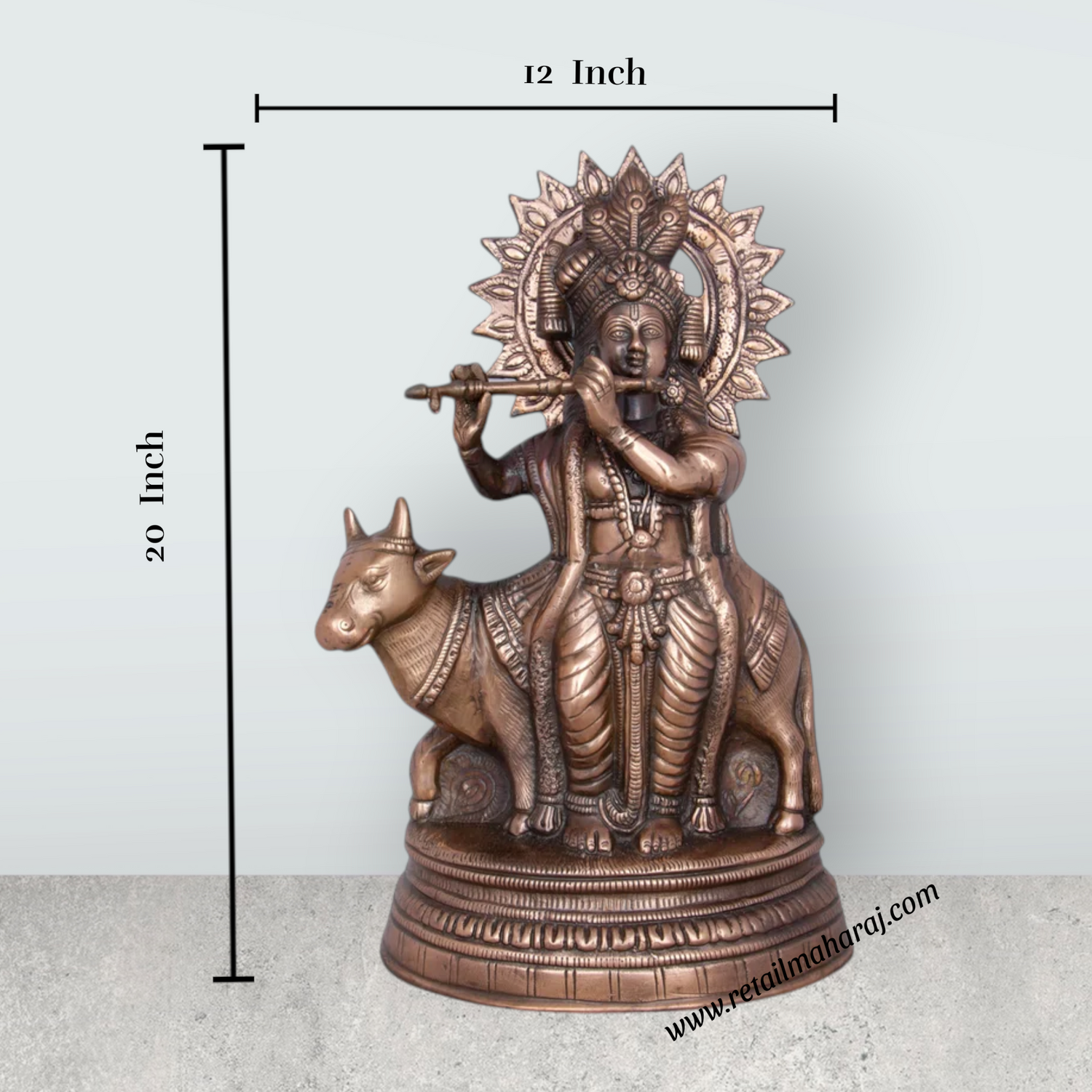 Cow Krishna Murti - 20 x 12 Inches | Copper Oxidised Cow Krishna Statue/ Krishna Idol for Pooja/ 2.800 Kgs - Retail Maharaj