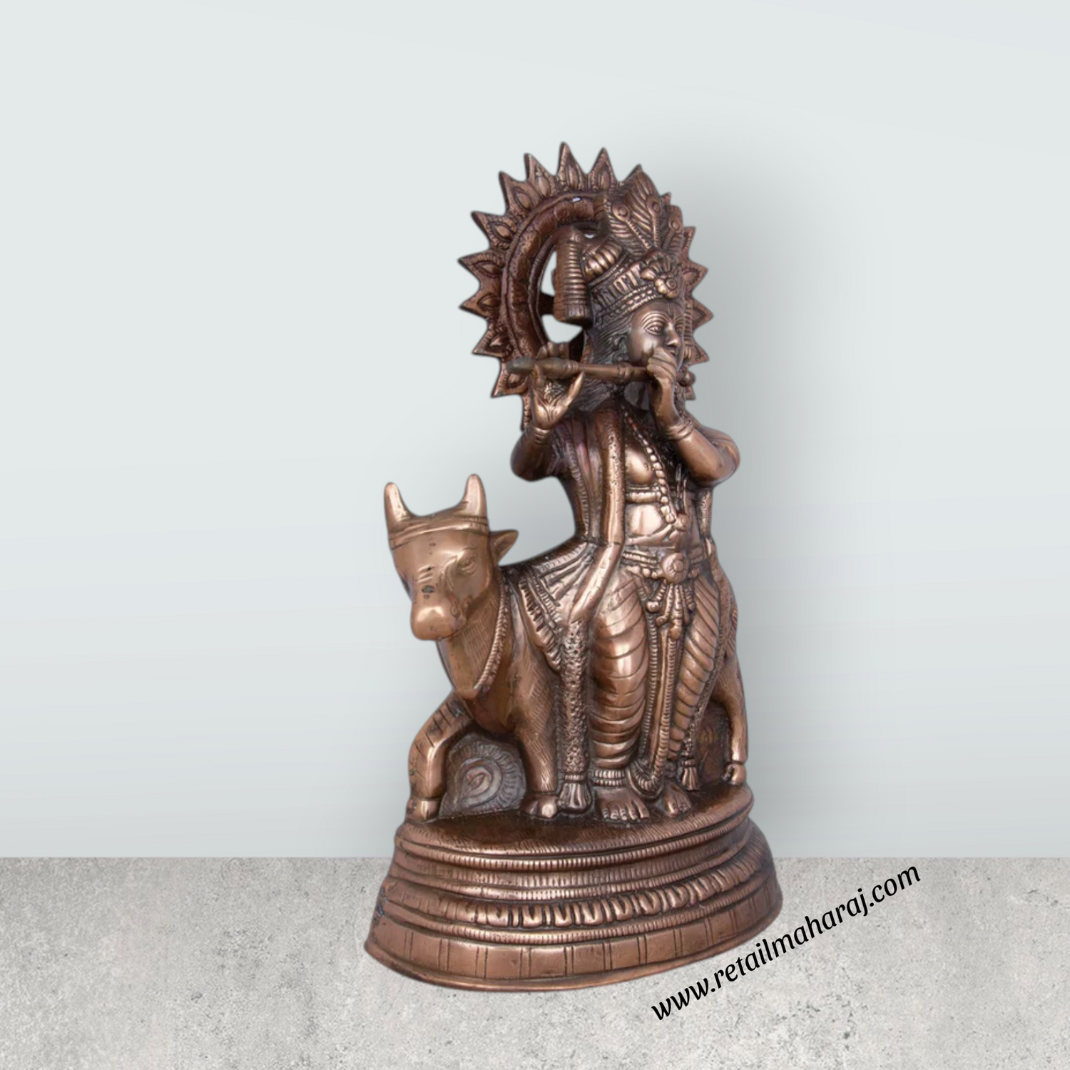 Cow Krishna Murti - 20 x 12 Inches | Copper Oxidised Cow Krishna Statue/ Krishna Idol for Pooja/ 2.800 Kgs - Retail Maharaj