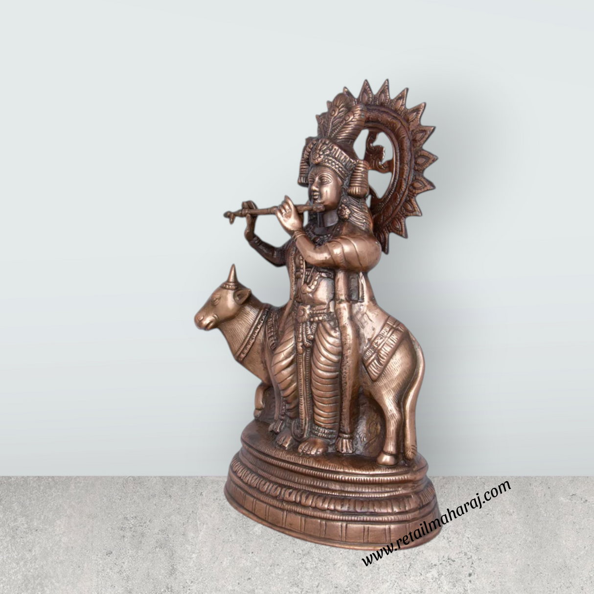 Cow Krishna Murti - 20 x 12 Inches | Copper Oxidised Cow Krishna Statue/ Krishna Idol for Pooja/ 2.800 Kgs - Retail Maharaj