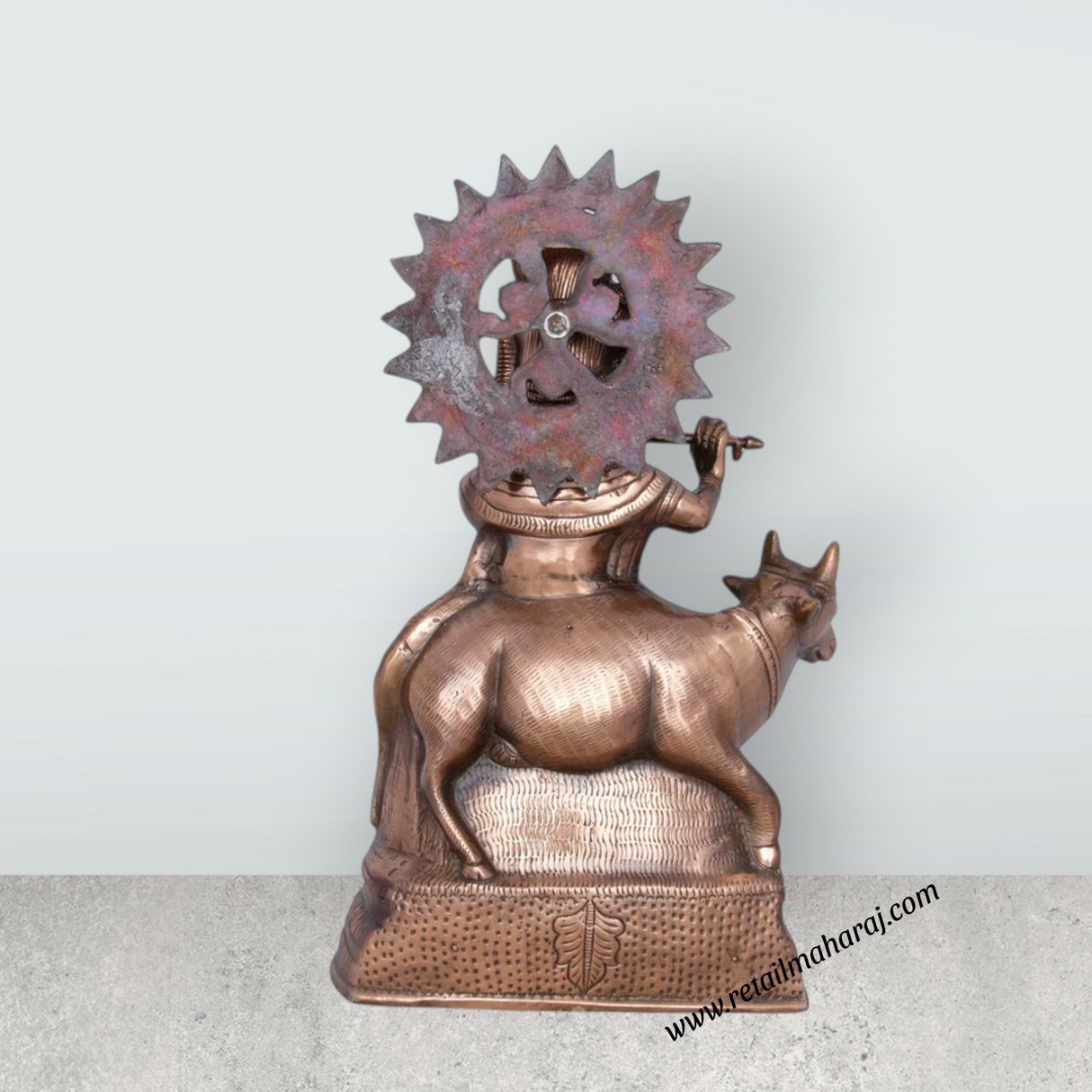Cow Krishna Murti - 20 x 12 Inches | Copper Oxidised Cow Krishna Statue/ Krishna Idol for Pooja/ 2.800 Kgs - Retail Maharaj