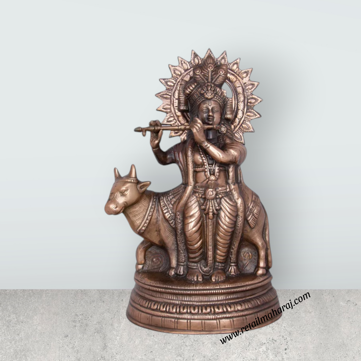 Cow Krishna Murti - 20 x 12 Inches | Copper Oxidised Cow Krishna Statue/ Krishna Idol for Pooja/ 2.800 Kgs - Retail Maharaj