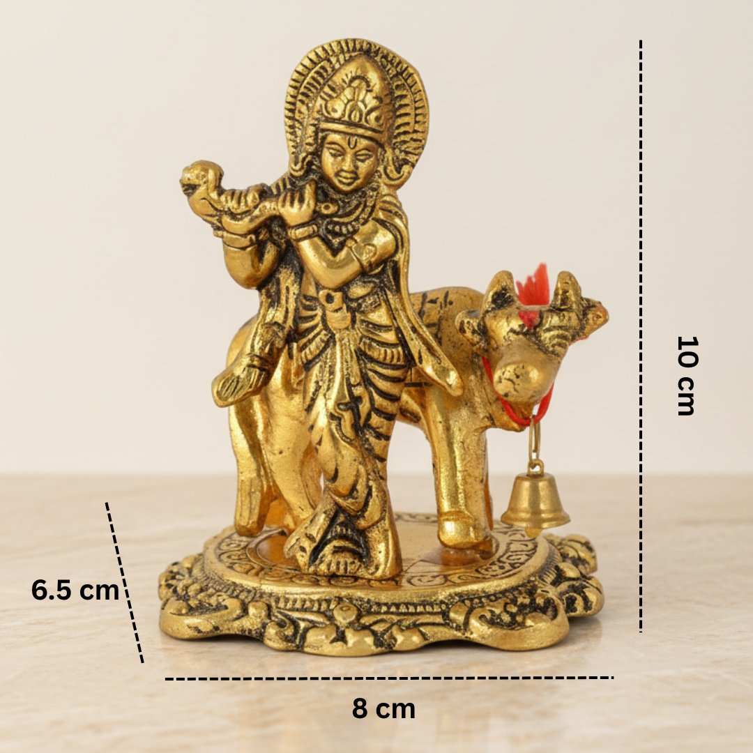 Kamdhenu Cow with Krishna Idol – Metal Decorative Statue for Pooja & Home Temple by Sanskriti Vibes | Glossy Finish