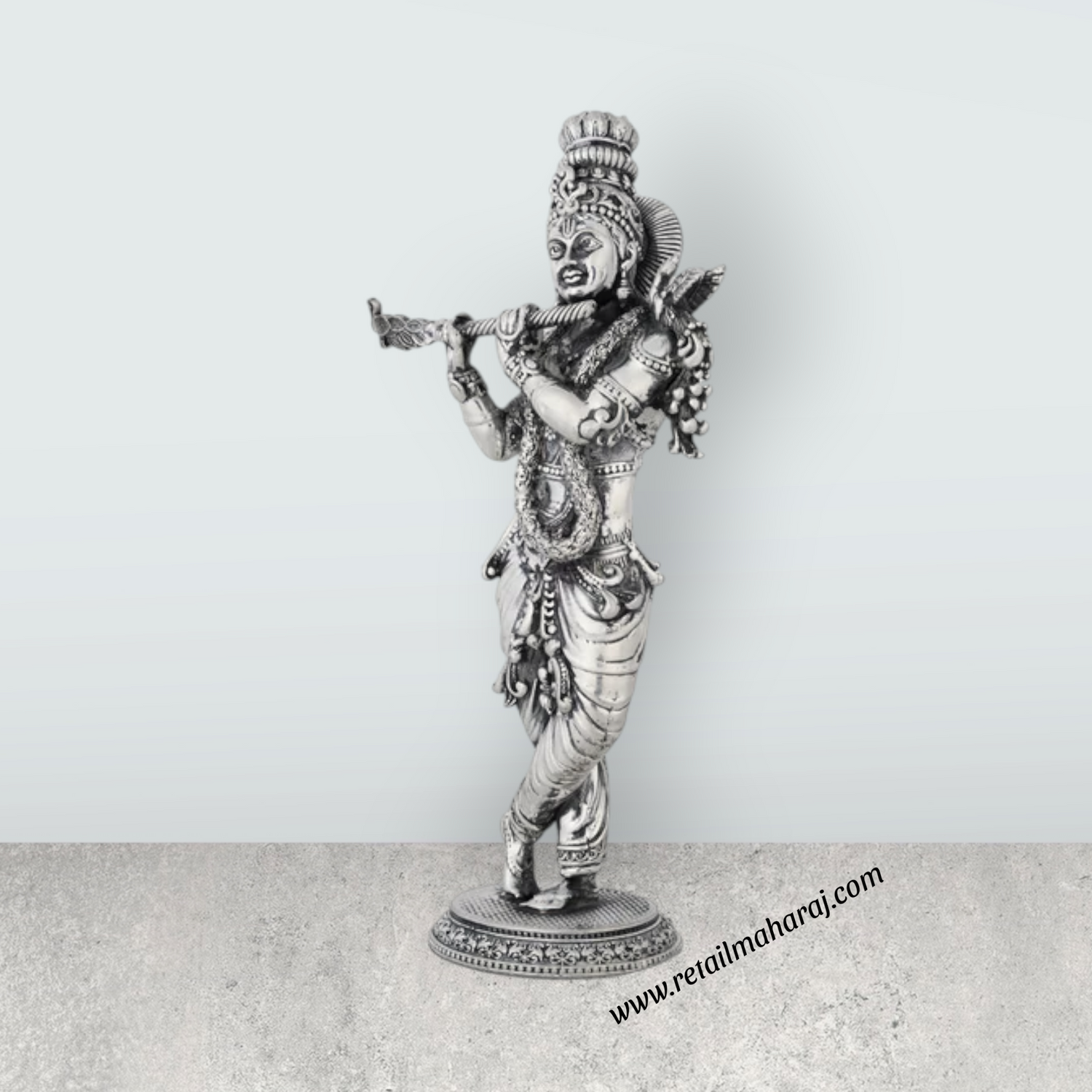Flute Krishna Murti Standing On Base – 7.5 x 3.5 Inches German Silver & Antique Polish Krishna Idol for Worship - Retail Maharaj