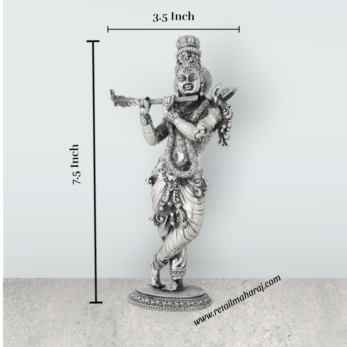 Flute Krishna Murti Standing On Base – 7.5 x 3.5 Inches German Silver & Antique Polish Krishna Idol for Worship - Retail Maharaj