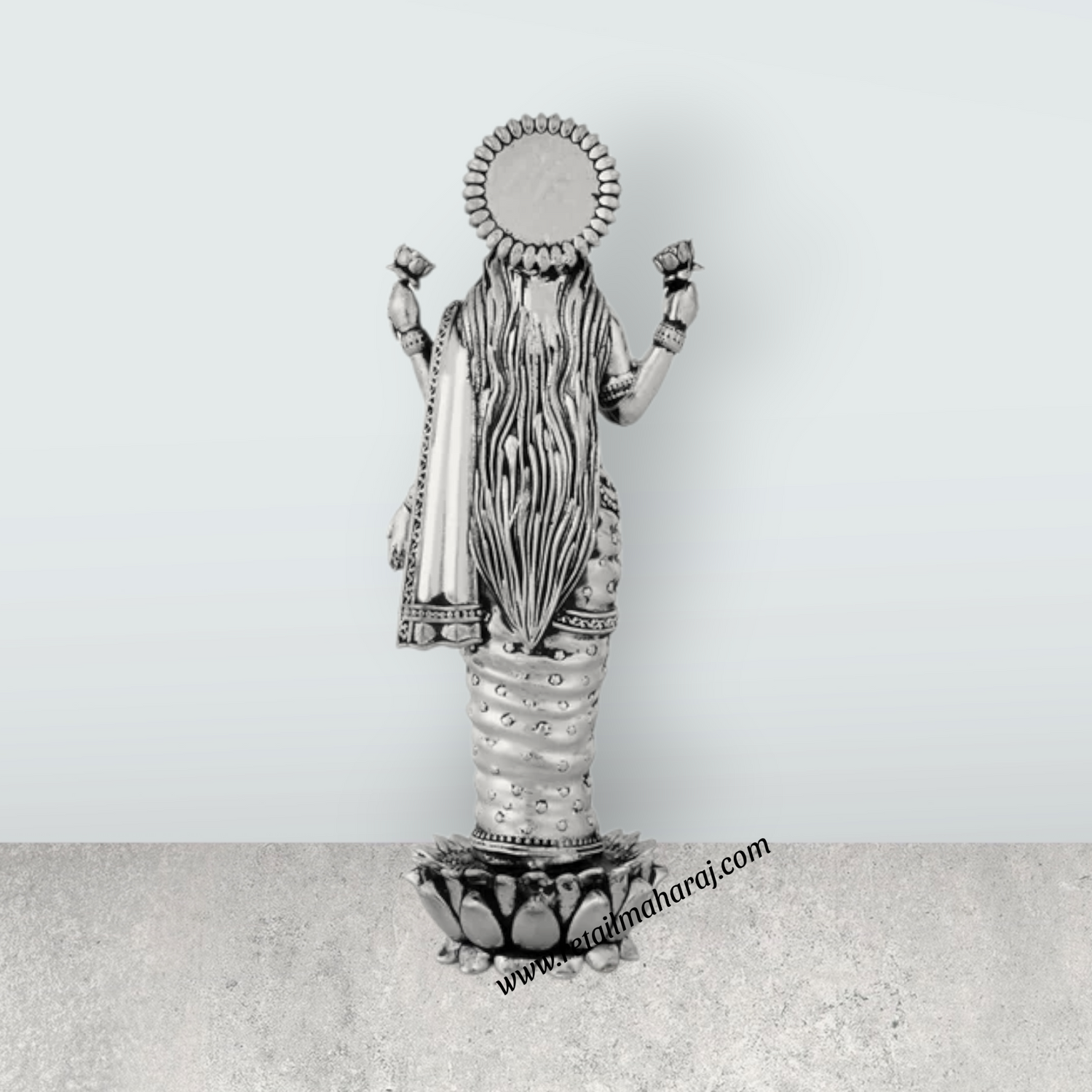 Lakshmi Idol Standing On Lotus Base – 7 x 2.5 Inches German Silver & A