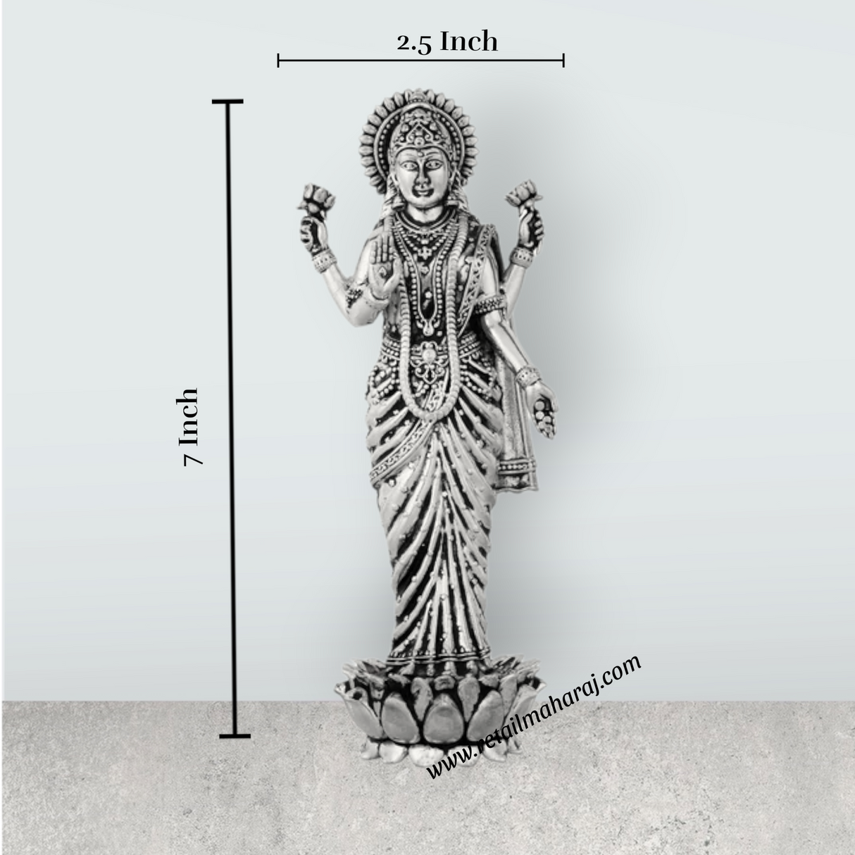 長寿宝珠 （ 台座付 ） ② Lakshmi Idol Standing On Lotus Base – 7 x 2.5 Inches German Silver & A