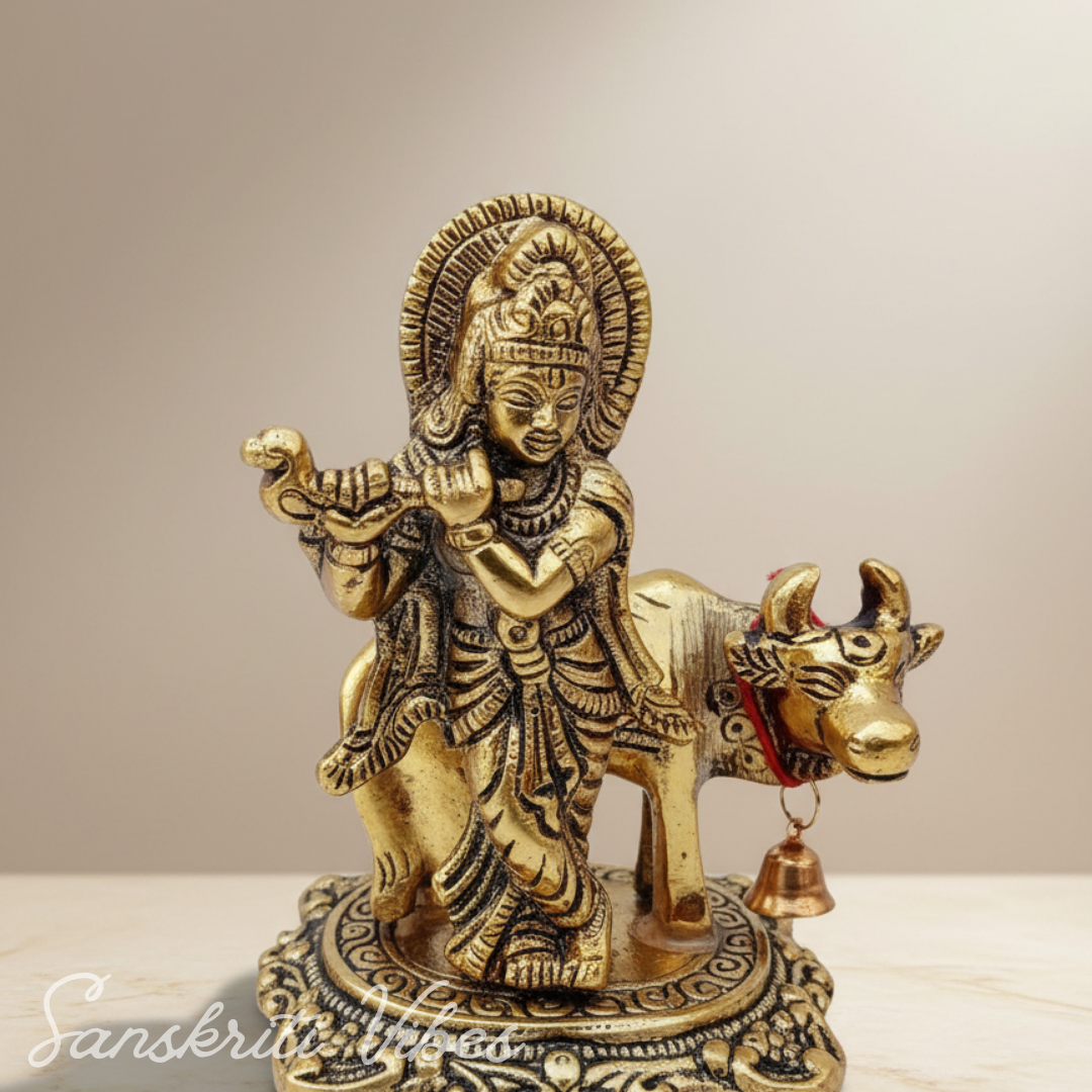 Kamdhenu Cow with Krishna Idol – Metal Decorative Statue for Pooja & Home Temple by Sanskriti Vibes | Glossy Finish