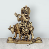Krishna Murti With Cow - 4.5 x 4 Inches | Antique Brass Idol/ Standing Krishna Idol for Pooja/ 575 Gms Approx