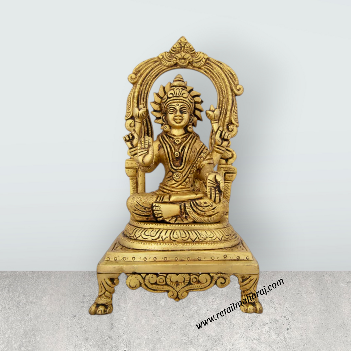 Lakshmi Idol With Arch - 9 x 4.5 Inches | Brass Idol/ Laxmi Murti Sitting On Chowki for Pooja/ 2.160 Kgs - Retail Maharaj