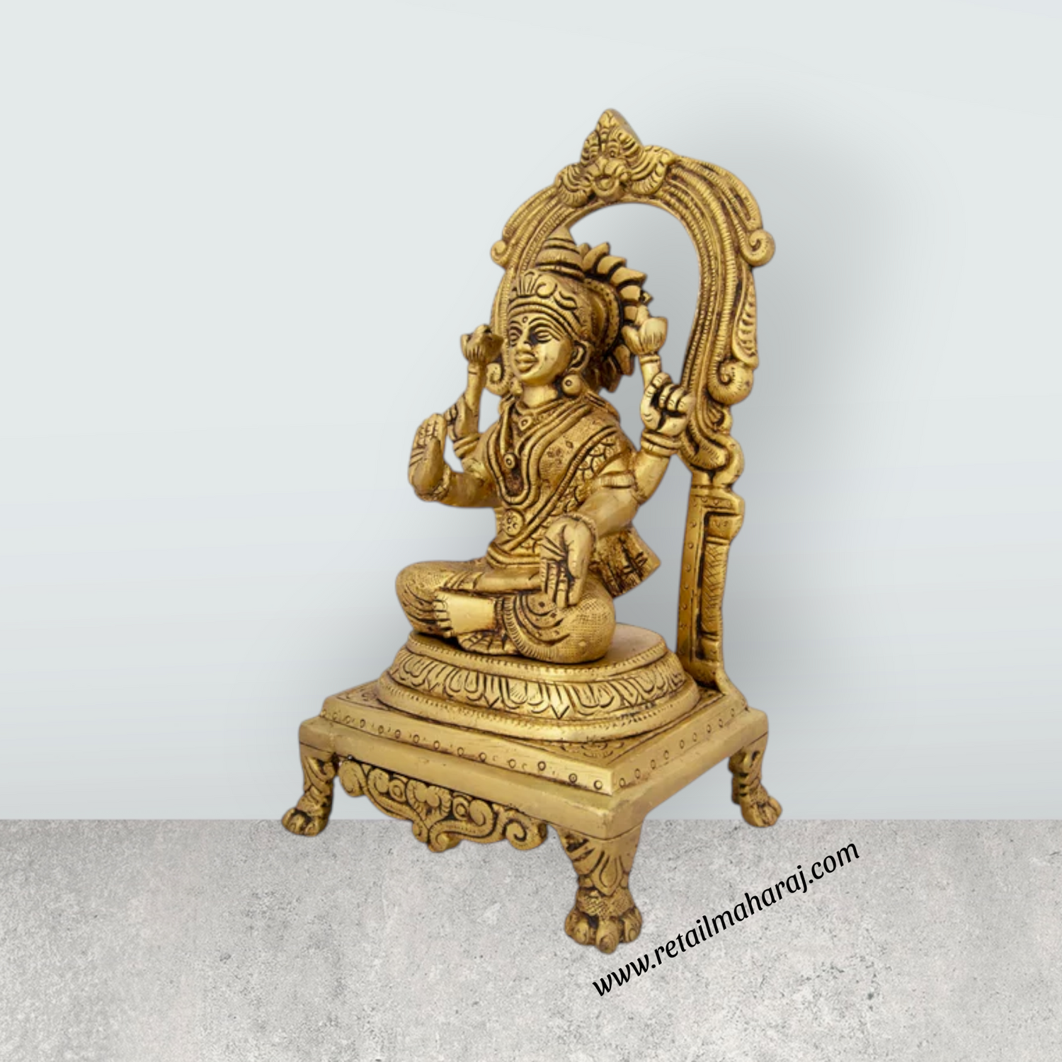 Lakshmi Idol With Arch - 9 x 4.5 Inches | Brass Idol/ Laxmi Murti Sitting On Chowki for Pooja/ 2.160 Kgs - Retail Maharaj
