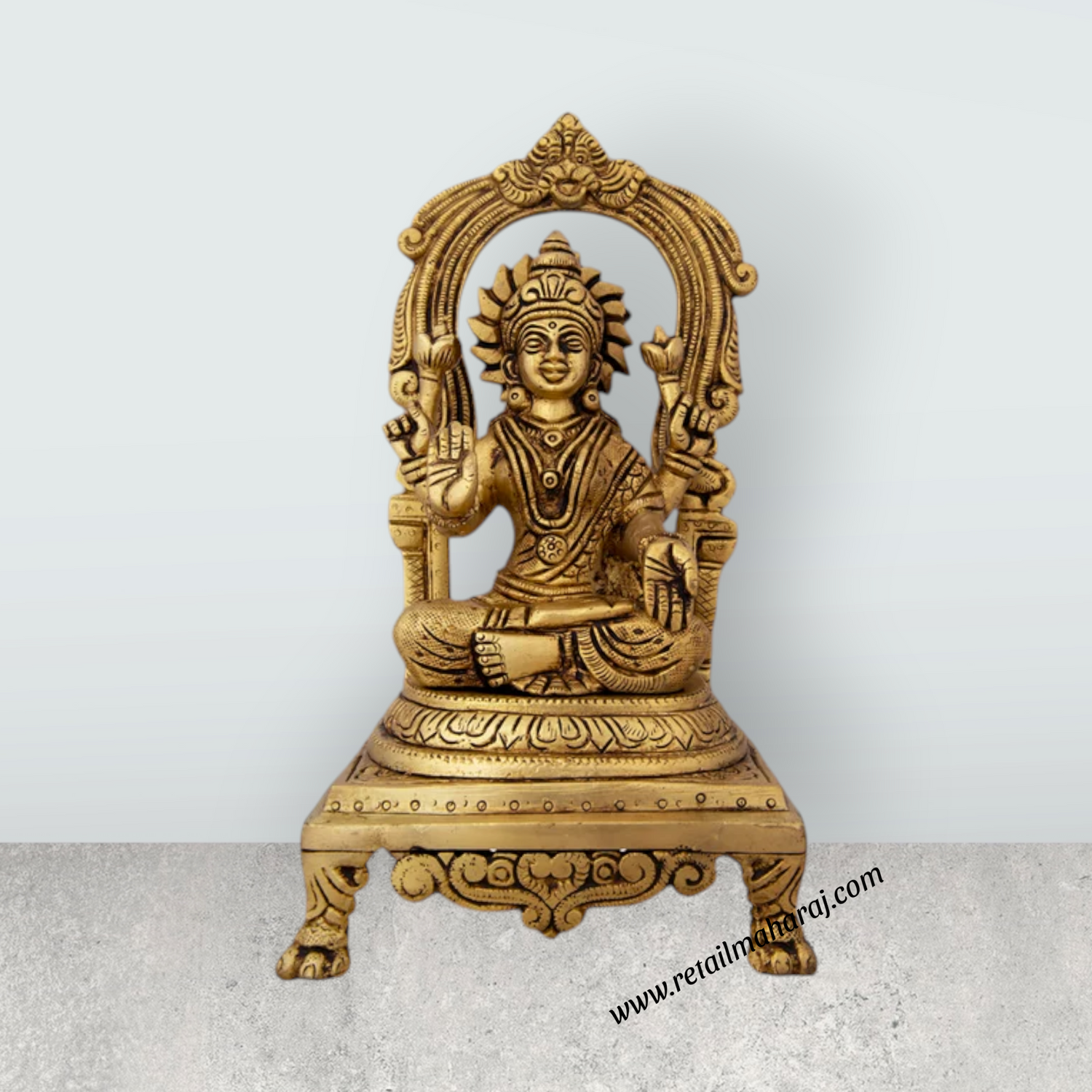 Lakshmi Idol With Arch - 9 x 4.5 Inches | Brass Idol/ Laxmi Murti Sitting On Chowki for Pooja/ 2.160 Kgs - Retail Maharaj