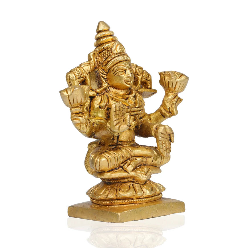Laxmi Murti Sitting On Base - 3.75 x 3 Inches | Antique Brass Idol/ Lakshmi Murti/ Lakshmi Statue for Pooja