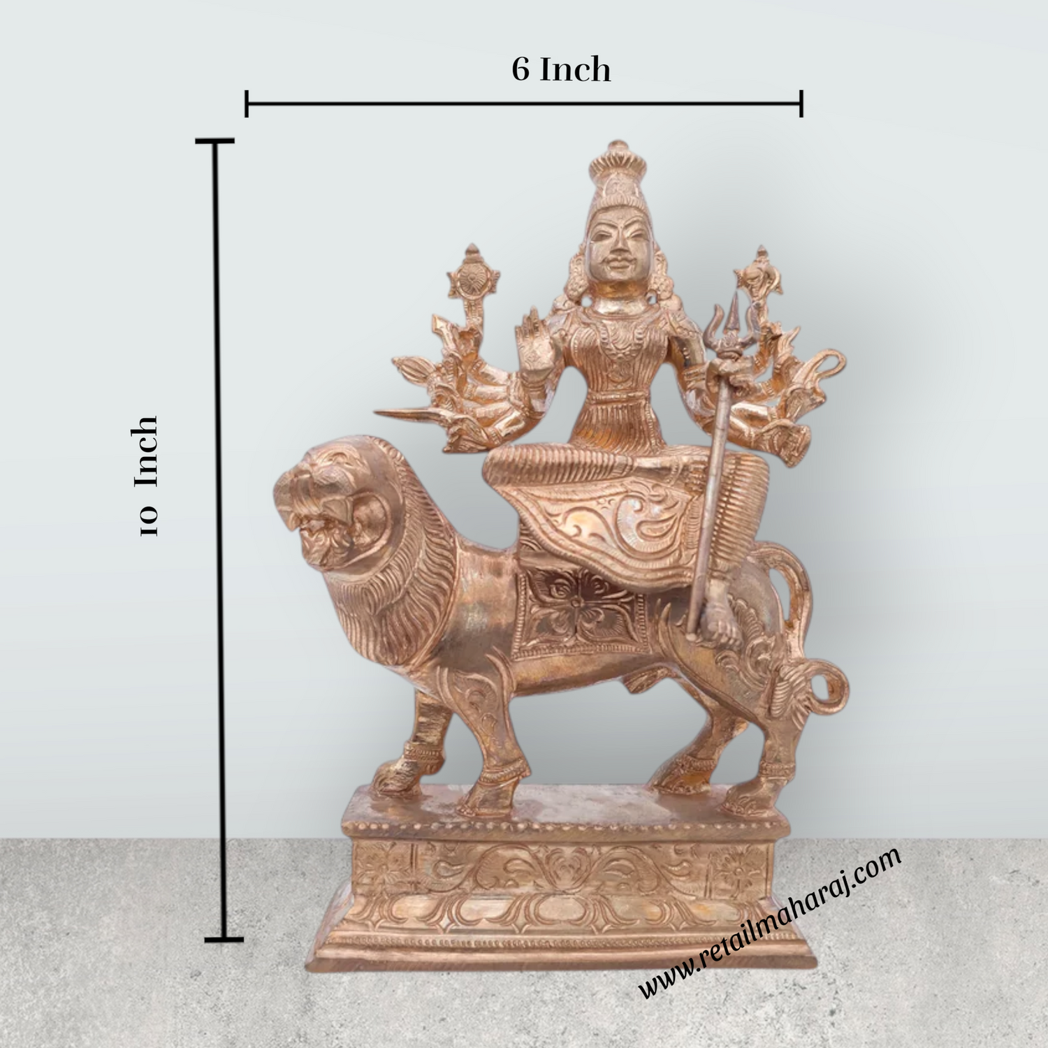 Durga Idol Sitting On Lion - 10 x 6 Inches | Panchaloha Idol / Durga Murti With 10 Hands for Pooja - Retail Maharaj