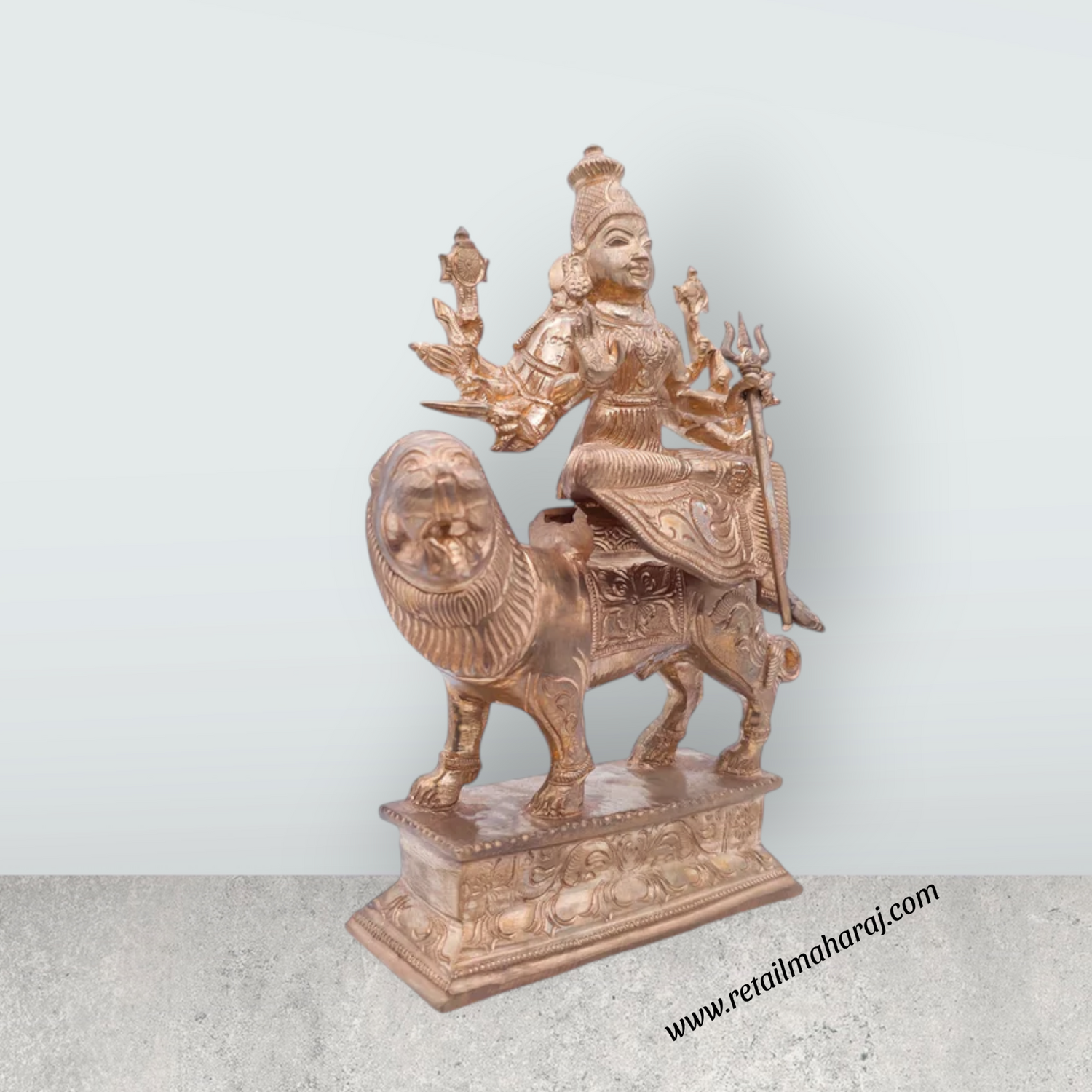 Durga Idol Sitting On Lion - 10 x 6 Inches | Panchaloha Idol / Durga Murti With 10 Hands for Pooja - Retail Maharaj