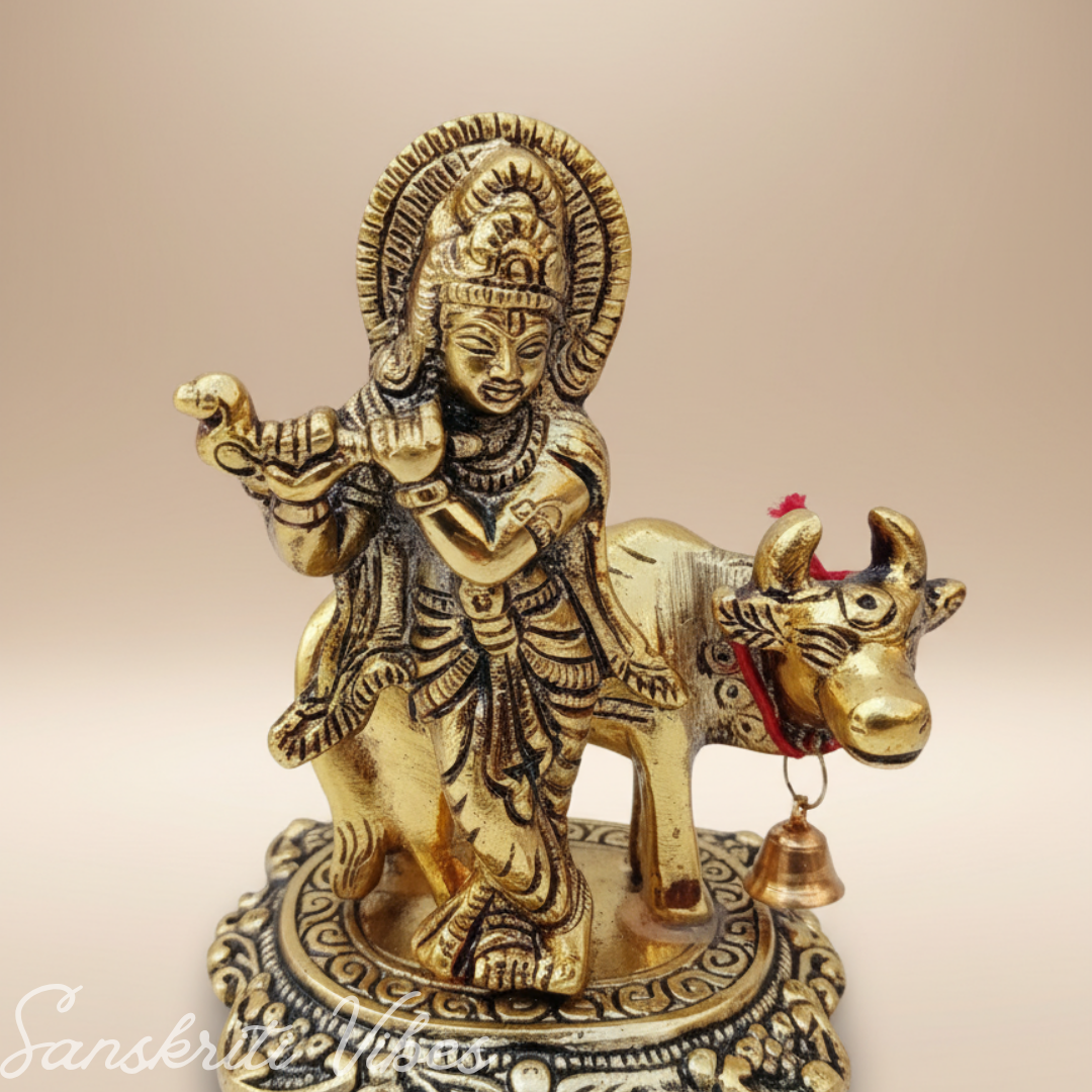 Kamdhenu Cow with Krishna Idol – Metal Decorative Statue for Pooja & Home Temple by Sanskriti Vibes | Glossy Finish
