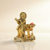 Kamdhenu Cow with Krishna Idol – Metal Decorative Statue for Pooja & Home Temple by Sanskriti Vibes | Glossy Finish