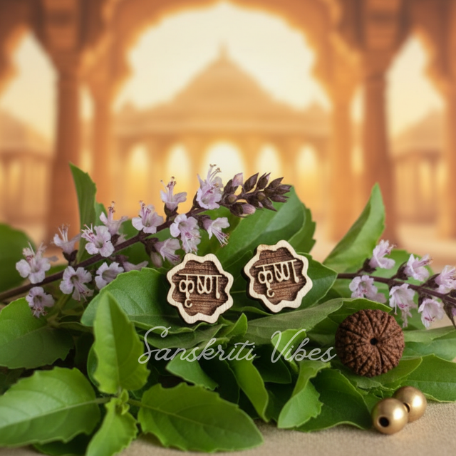 Krishna Tulsi Earrings – Flower & Star Shaped Design 10mm Sacred Tulsi Wood Studs for Shri Krishna Devotees - Retail Maharaj