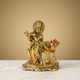 Kamdhenu Cow with Krishna Idol – Metal Decorative Statue for Pooja & Home Temple by Sanskriti Vibes | Glossy Finish