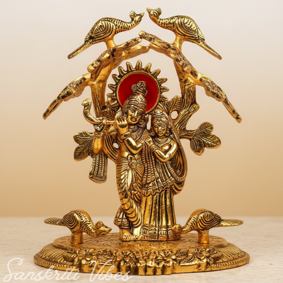 Radha Krishna Standing Playing Flute Under Tree – Metal Idol Statue with Gold Antique Finish by Sanskriti Vibes | Pooja & Home Decor