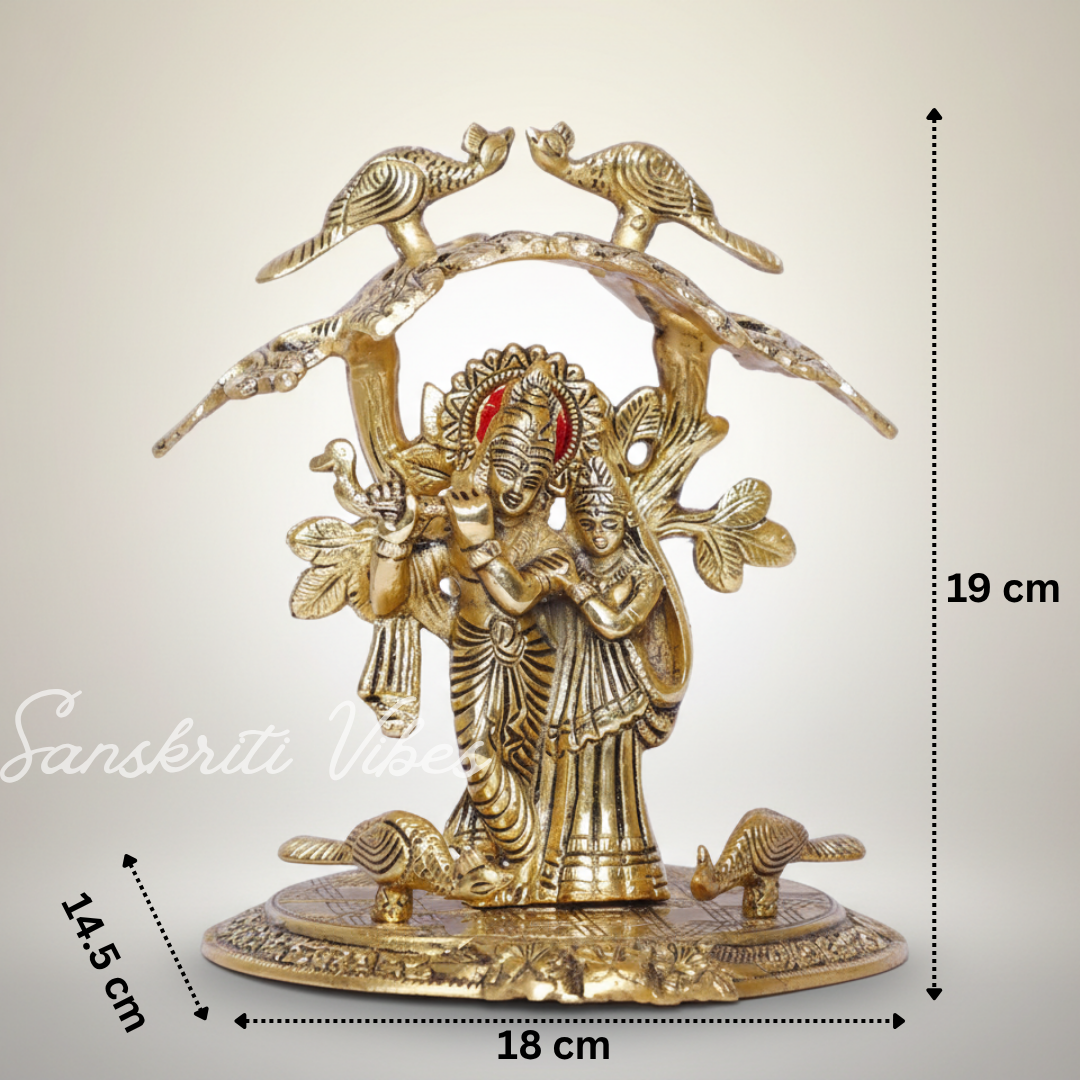Radha Krishna Standing Playing Flute Under Tree – Metal Idol Statue with Gold Antique Finish by Sanskriti Vibes | Pooja & Home Decor
