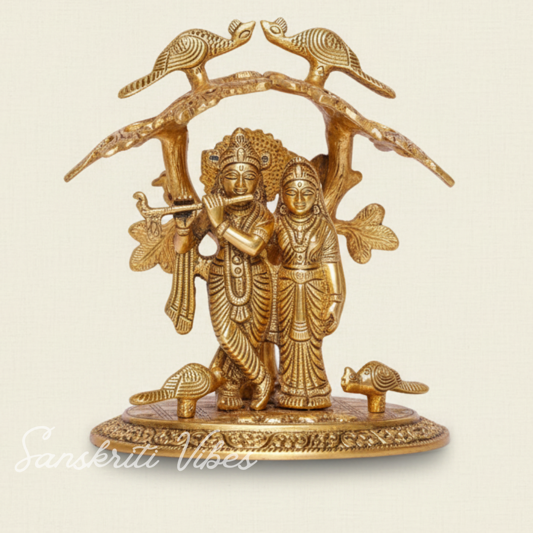 Radha Krishna Standing Playing Flute Under Tree – Metal Idol Statue with Gold Antique Finish by Sanskriti Vibes | Pooja & Home Decor